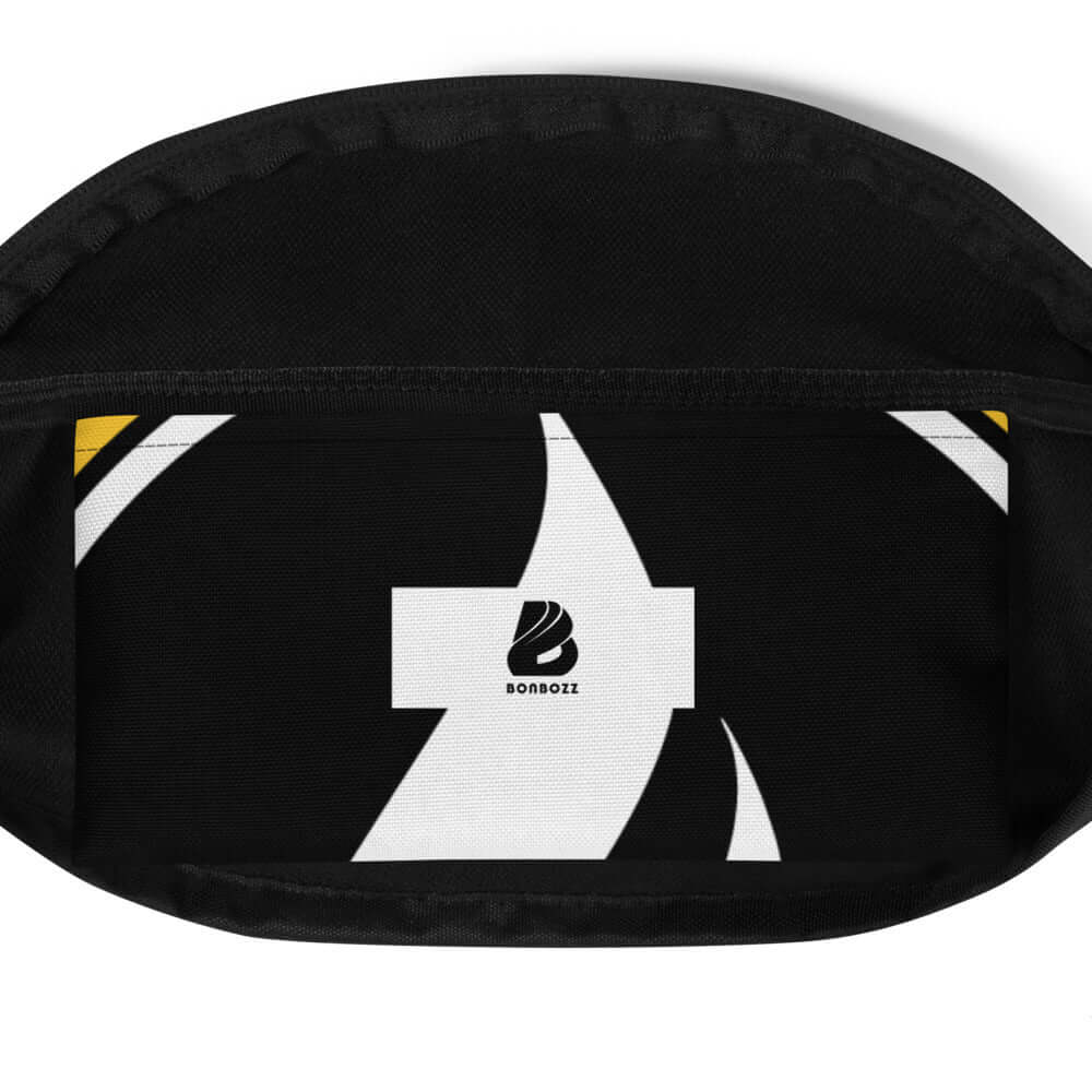 Stylish black Gürteltasche N°4 with adjustable strap and inner pocket, perfect for travel and festivals, featuring bold black and white design.