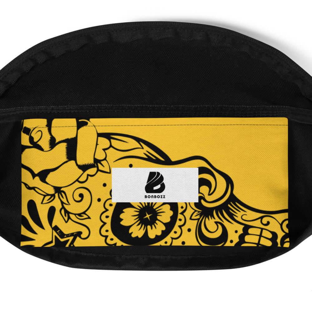 Gürteltasche N°20 mit gelbem und schwarzem Muster, Polyester, verstellbarer Riemen, perfekt für Reisen und Festivals, Innentasche vorhanden.