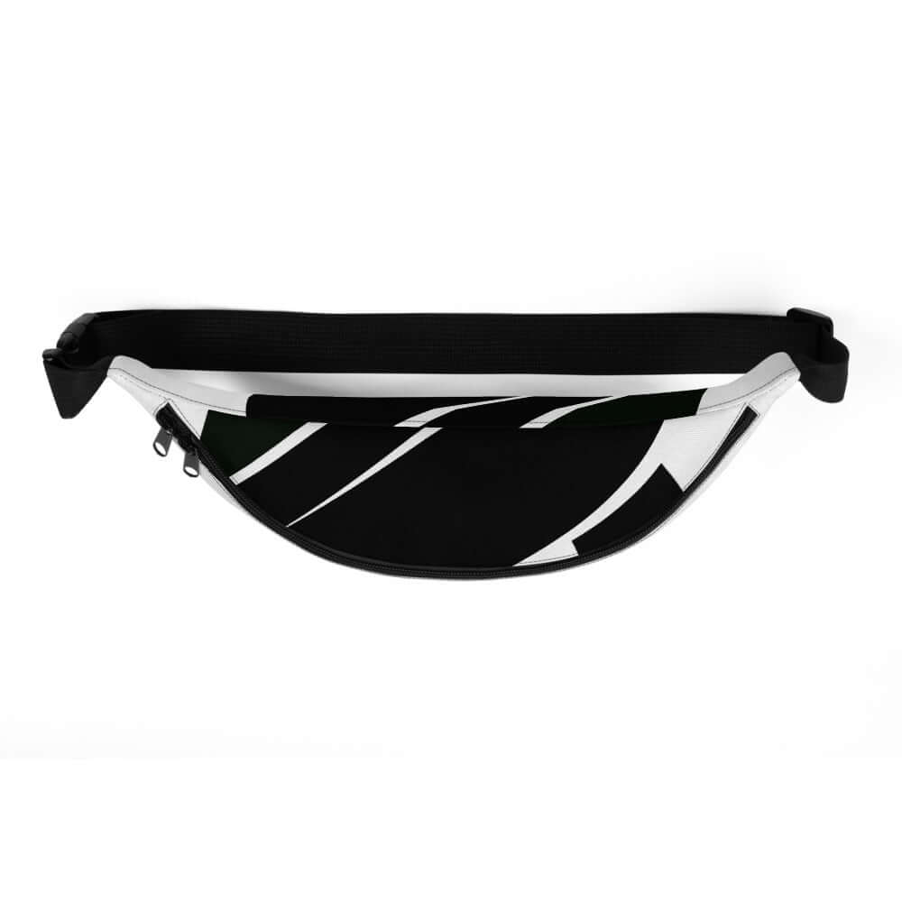 Gürteltasche N°0 stylish black and white adjustable belt bag, perfect for travel and festivals, featuring a spacious interior pocket.