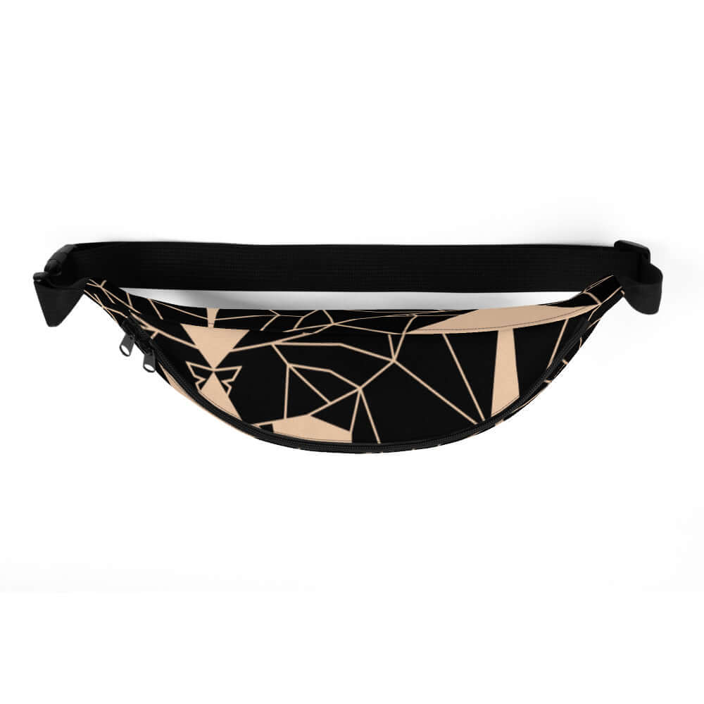 Stylish black and beige Gürteltasche N°8 with geometric design, featuring adjustable strap, perfect for festivals and travel.