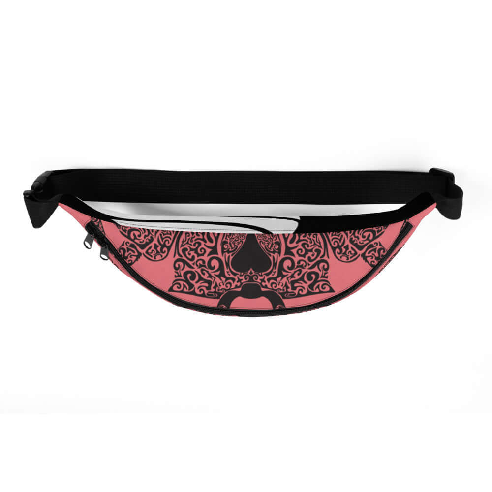 Gürteltasche N°16 in pink with black decorative pattern and adjustable strap, ideal for festivals and travel.