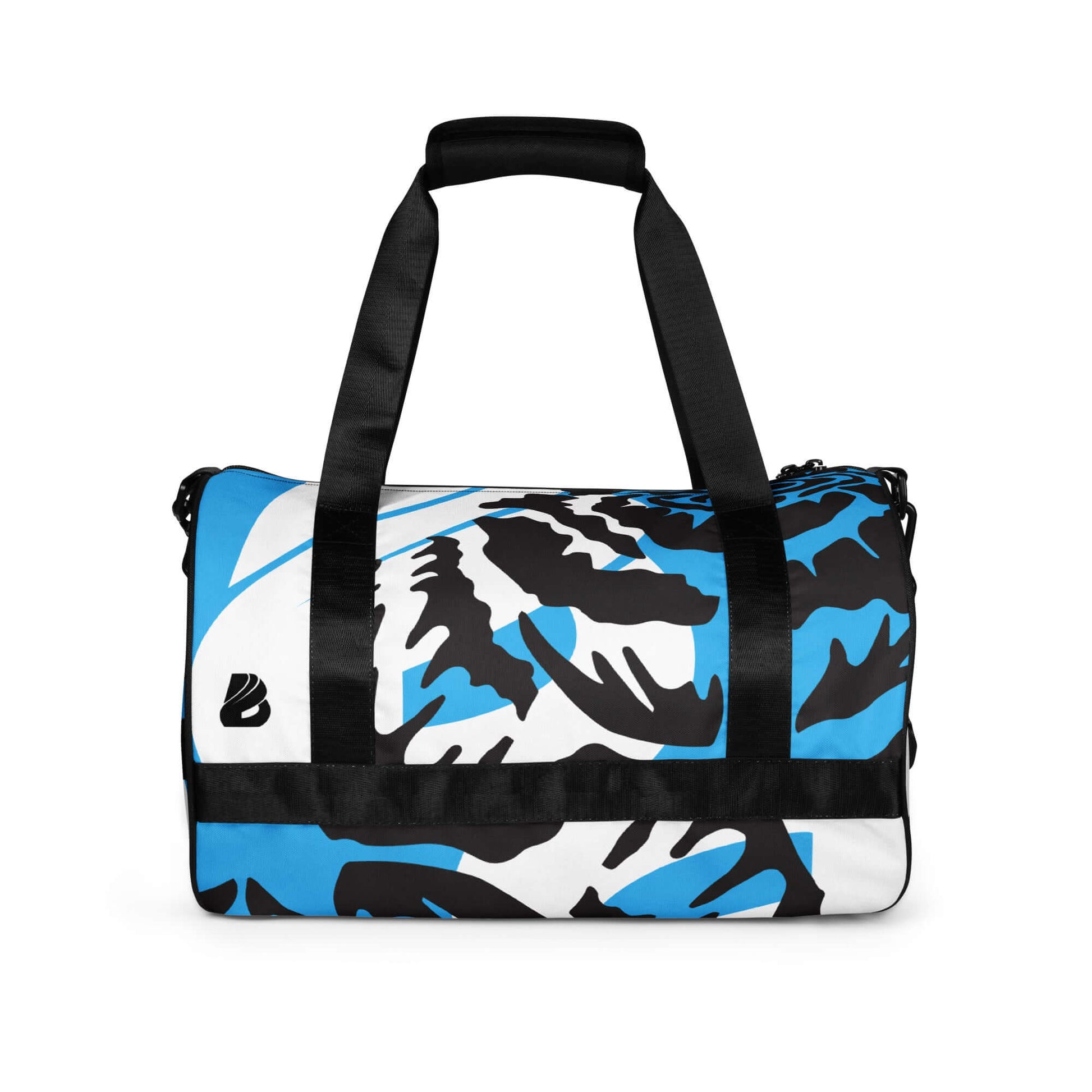 Allover-Print-Sporttasche N°4, vibrant blue and black sport bag with durable polyester, waterproof design, ideal for fitness and travel.