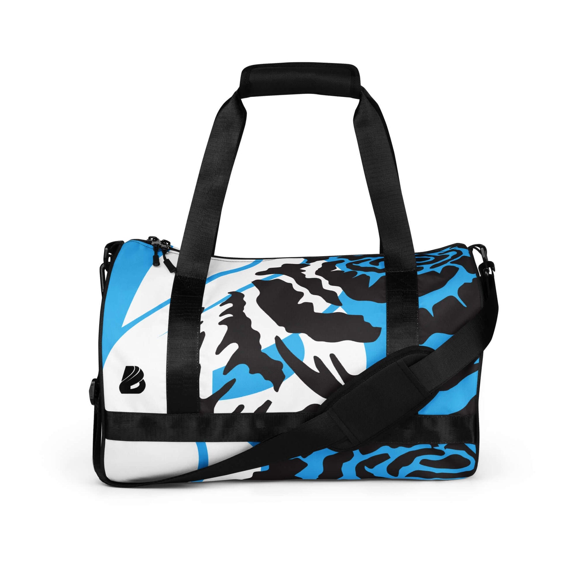 Allover-Print-Sporttasche N°4 in blue and black design, made of waterproof polyester with reinforced bottom and extra pockets for gym use.