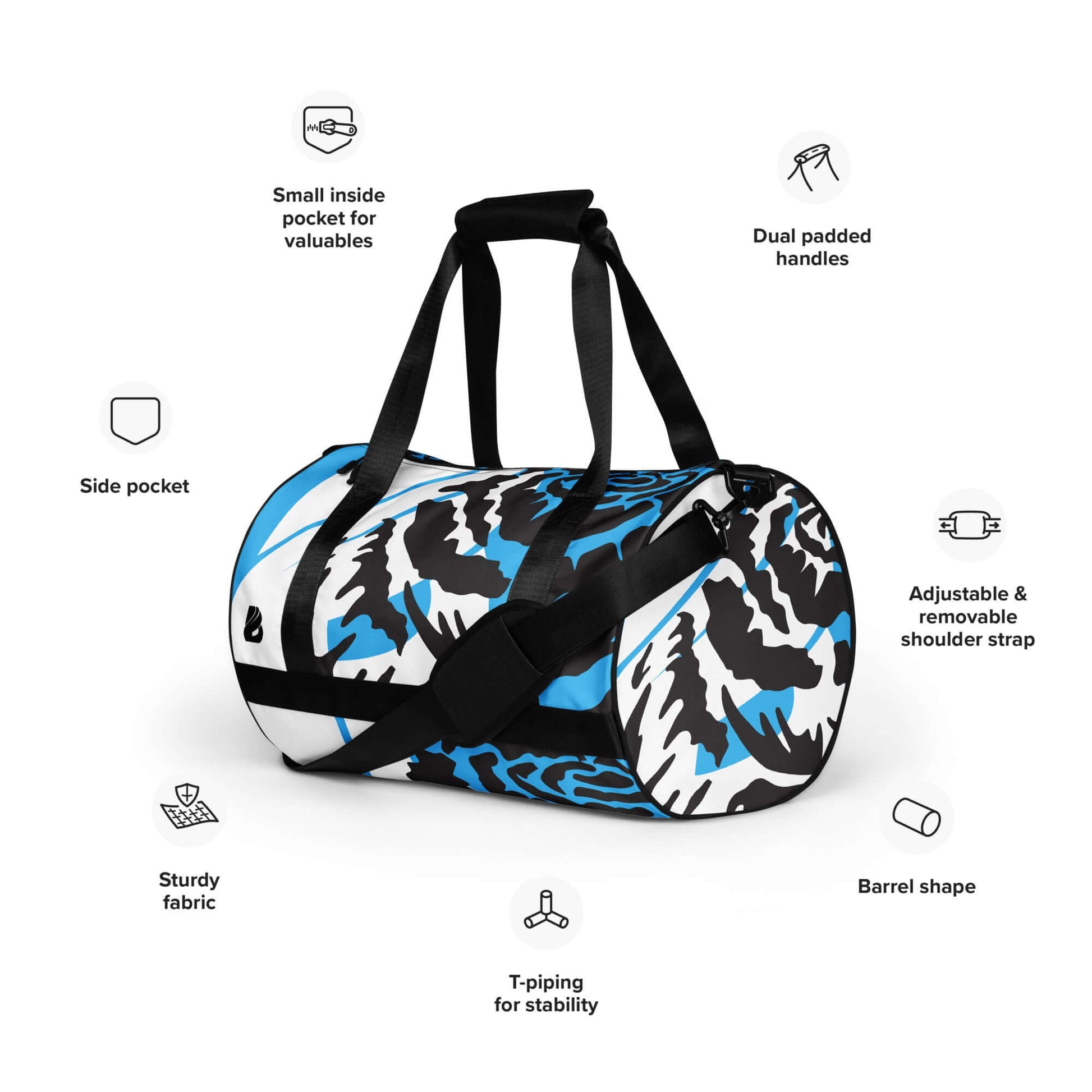 Allover-Print-Sporttasche N°4 with blue and black design, featuring dual padded handles, side pockets, and adjustable shoulder strap.