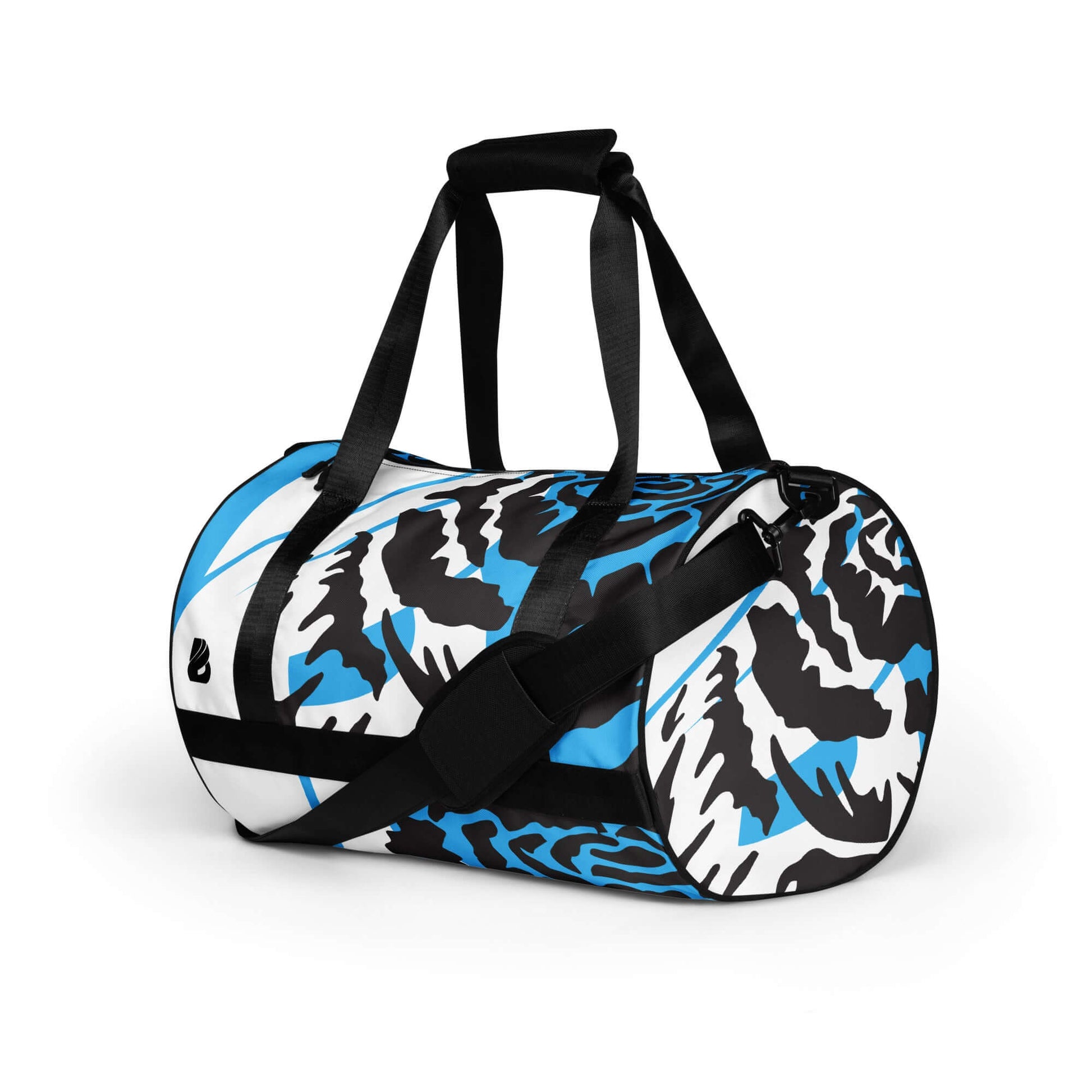 Allover-Print-Sporttasche N°4 in blau-schwarz-weißem Design, aus 100% Polyester, wasserdicht und langlebig, ideal für Fitness und Sport.