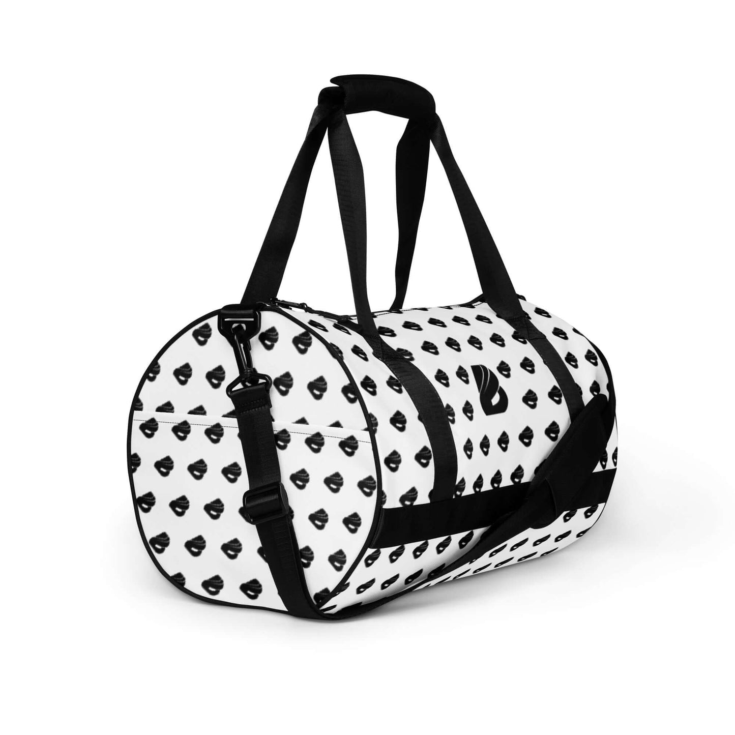 Allover-Print-Sporttasche N°0 in white with black patterns, made of 100% polyester, waterproof, durable with multiple pockets.