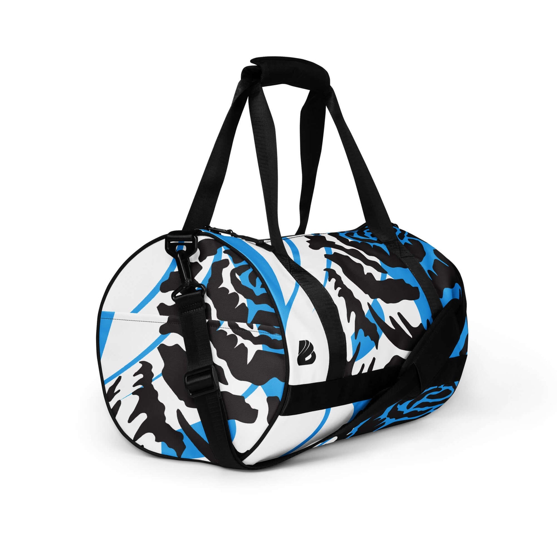 Allover-Print-Sporttasche N°4, waterproof duffel bag with blue-black pattern and reinforced bottom for fitness and travel use.