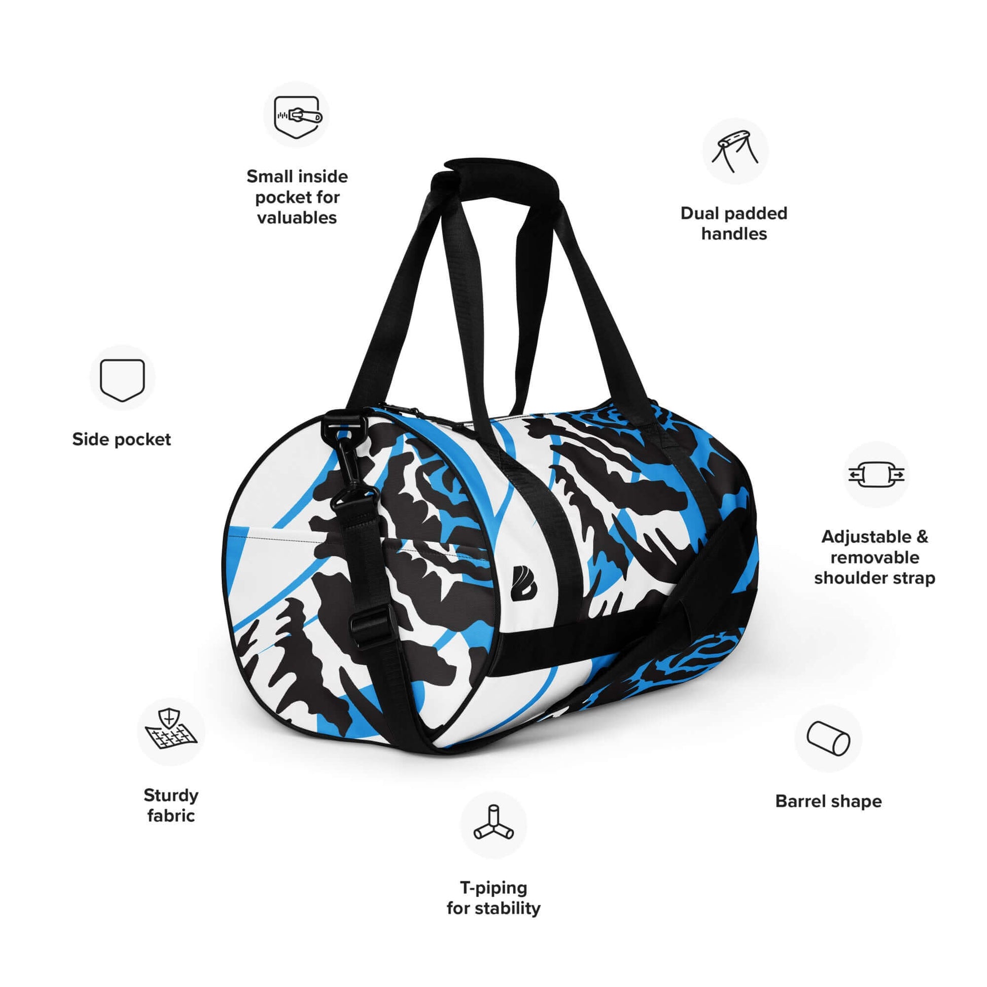 Stylish Allover-Print-Sporttasche N°4 with vibrant pattern, dual handles, removable strap, and multiple pockets for ultimate fitness convenience.