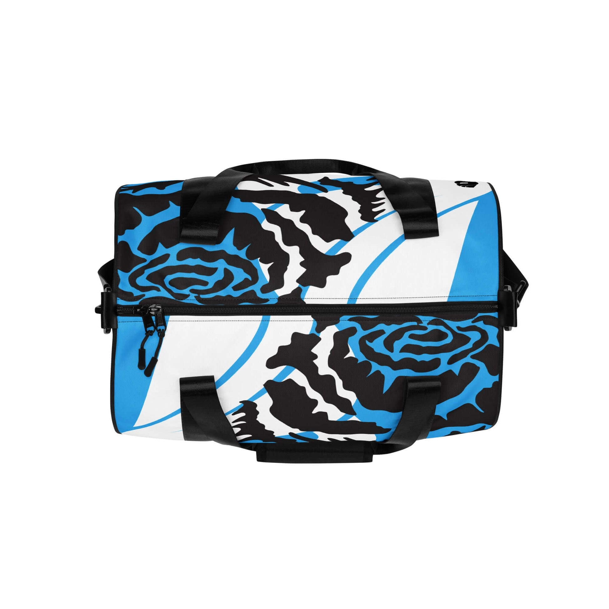 Allover-Print-Sporttasche N°4 in black, blue, and white floral pattern, made of waterproof polyester with durable design.