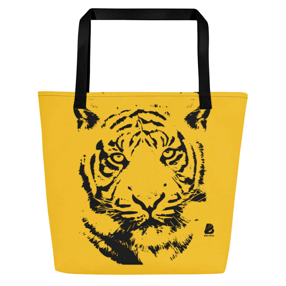 Großer Stoffbeutel N°0 with tiger print, yellow beach bag with black cotton handles, durable polyester, 20 kg capacity.