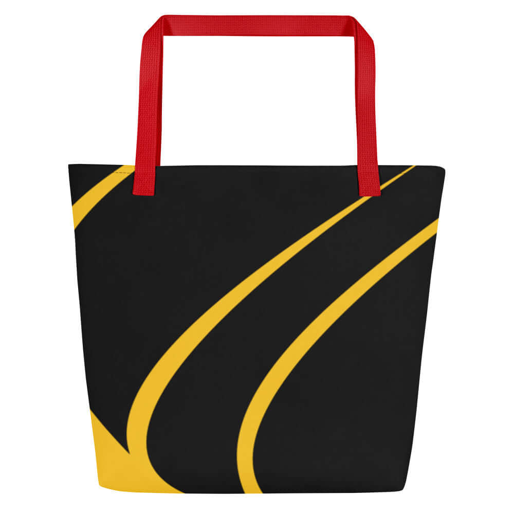 Großer Stoffbeutel N°0 in schwarz mit gelbem Muster, rote Griffe; eine stylische Strandtasche mit großer Kapazität, ideal für den Strand.