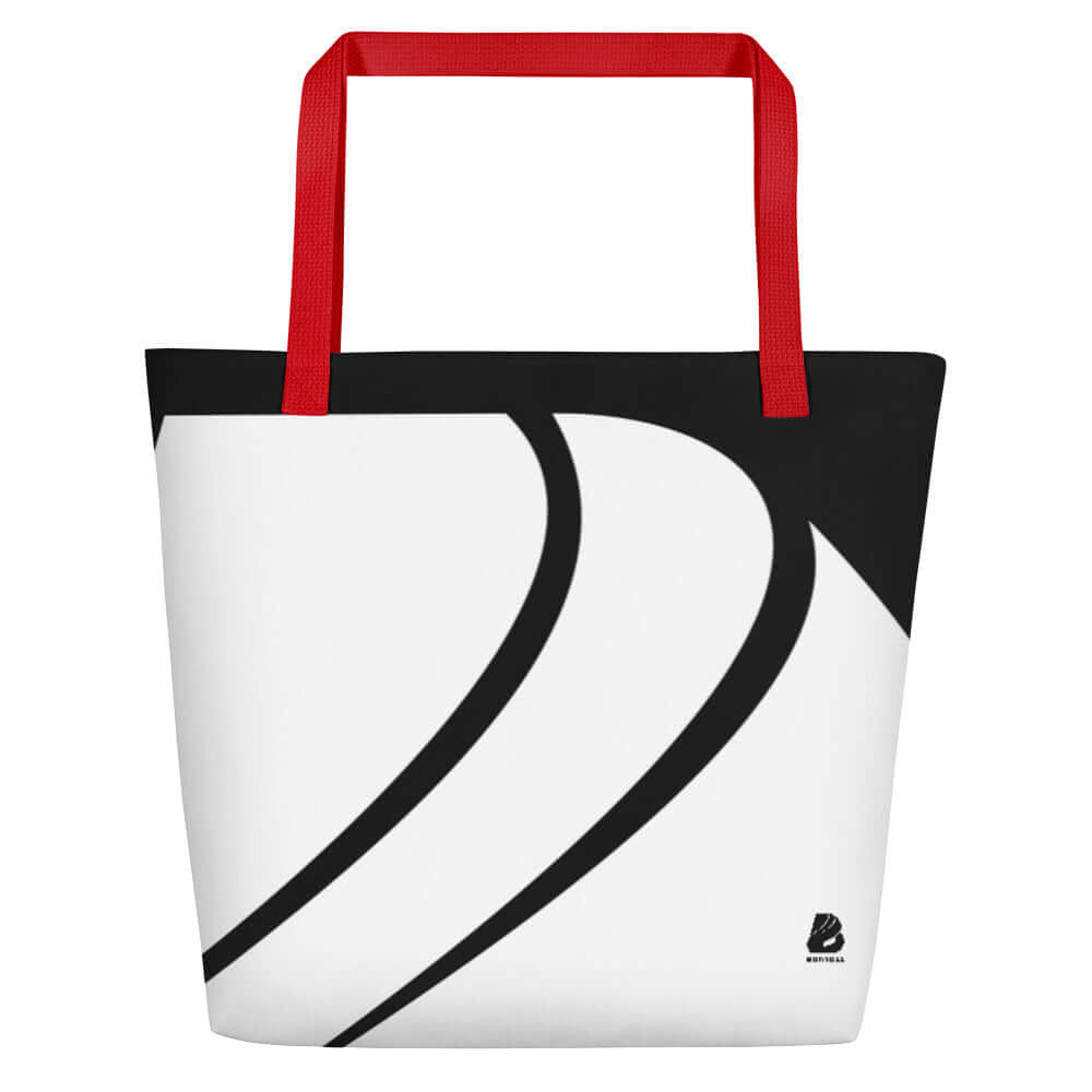 Alt Tag: Strandtasche N°0 with bold patterns and red handles, perfect for beach outings, holds up to 20 kg, made of durable polyester.