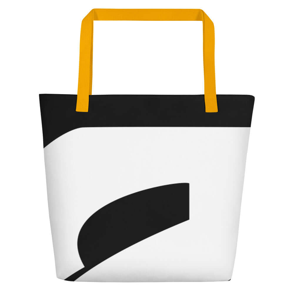 Stylish Strandtasche N°0 with bold design and yellow handles, perfect for beach trips, made from durable polyester.