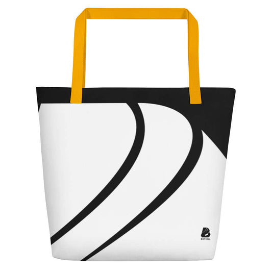 "Strandtasche N°0 with bold design and durable 100% polyester, ideal for beach trips, features large inner pocket and cotton handles"