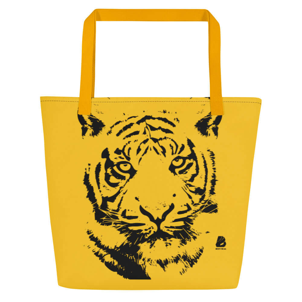 Großer Stoffbeutel N°0, gelbe Strandtasche mit Tiger-Design, 100% Polyester, ideal für Strandausflüge, maximale Traglast 20 kg.