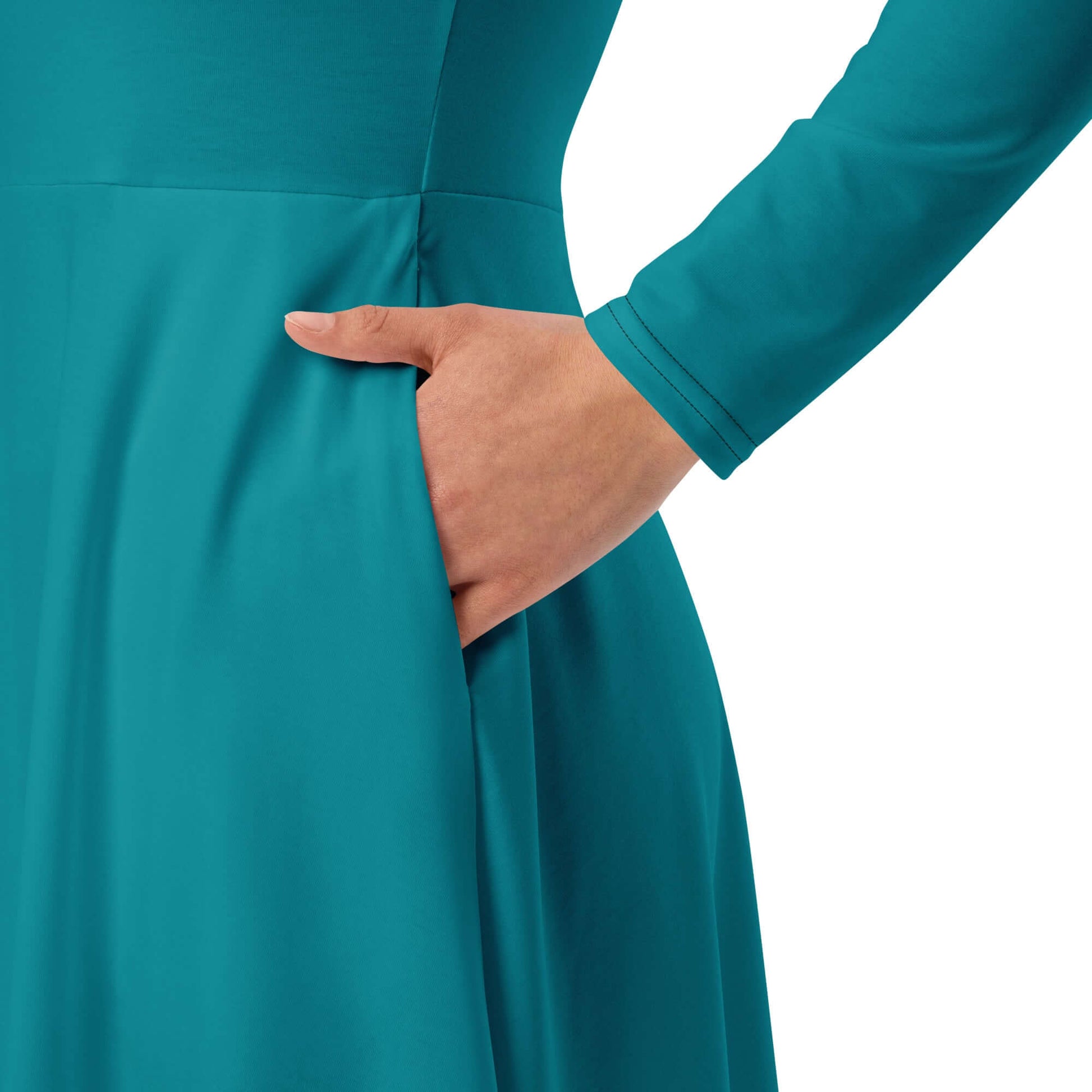 Close-up of the teal Langärmliges Midikleid mit Allover-Druck N°3 featuring side pocket and soft fabric.