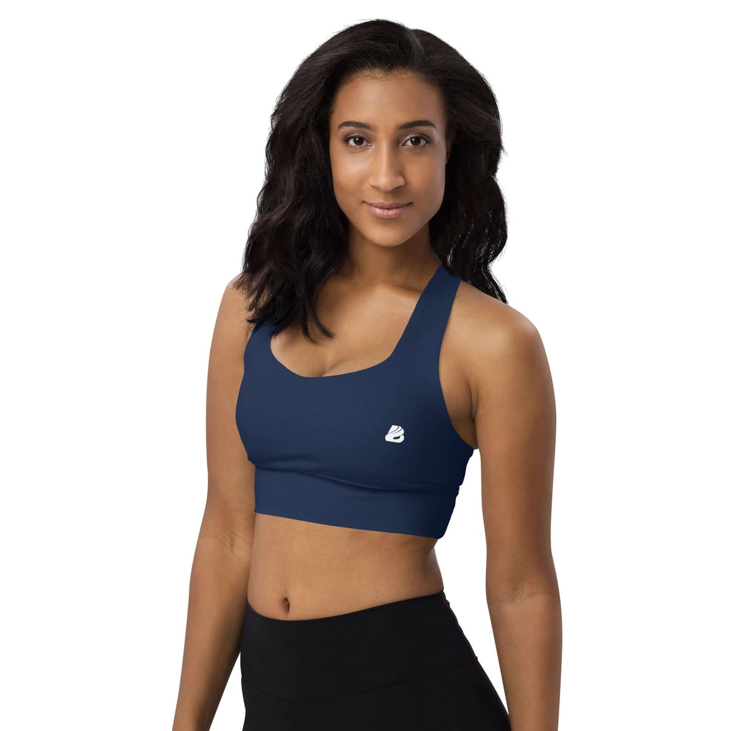 Model wearing Longline-Sport-BH N°4, ideal for jogging and streetwear, navy color, polyester-elastane blend, front view