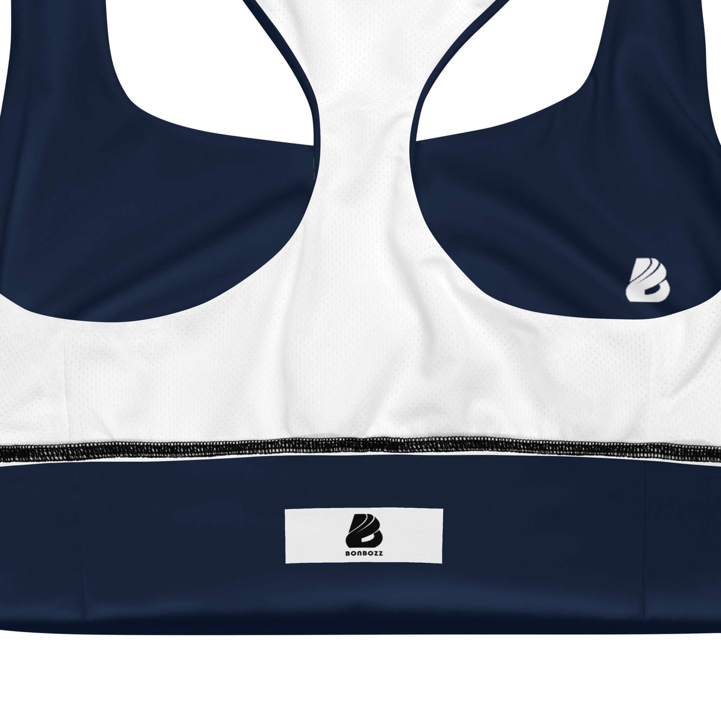 Longline-Sport-BH N°4 in navy and white, designed for optimal support during workouts and stylish for streetwear.