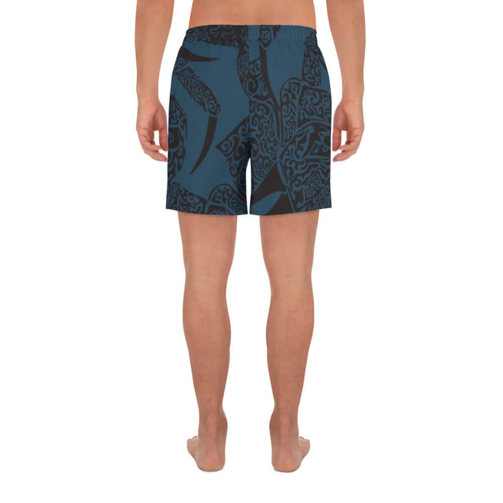 Rückansicht der Lange Allover-Sport-Shorts für Herren N°3 in Blau mit Muster, ideal für verschiedene Sportarten.
