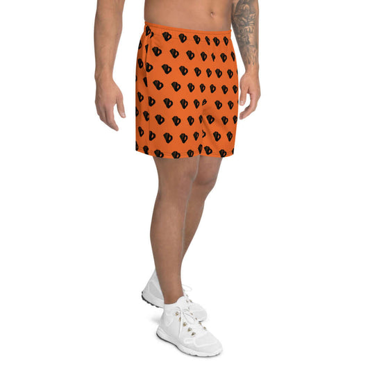 Lange Allover-Sport-Shorts für Herren N°4 in orange with pattern, perfect for running and gym activities.