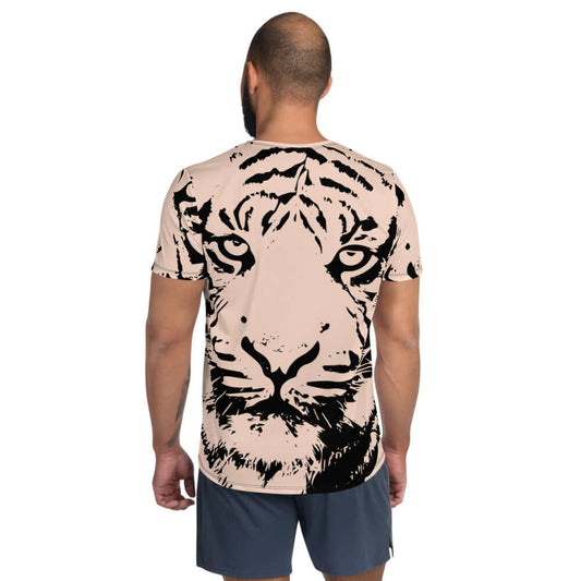 Rear view of Allover-Sport-T-Shirt für Herren N°0 with tiger design, showcasing moisture-wicking and antimicrobial fabric for workouts.