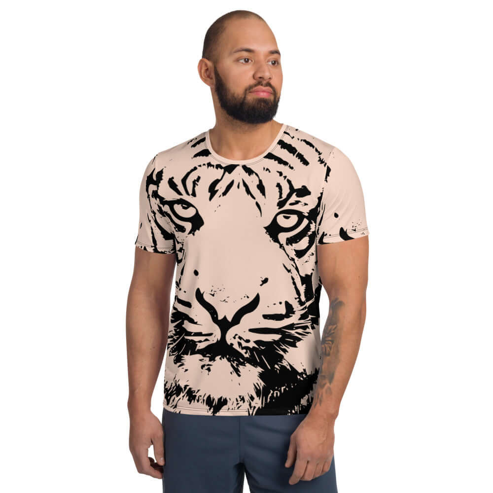 Man wearing Allover-Sport-T-Shirt für Herren N°0 with tiger design, perfect for workouts, featuring moisture-wicking and antimicrobial fabric.