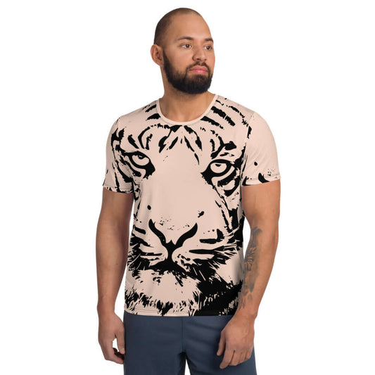 Man wearing Allover-Sport-T-Shirt für Herren N°0 with tiger design, perfect for workouts, featuring moisture-wicking and antimicrobial fabric.
