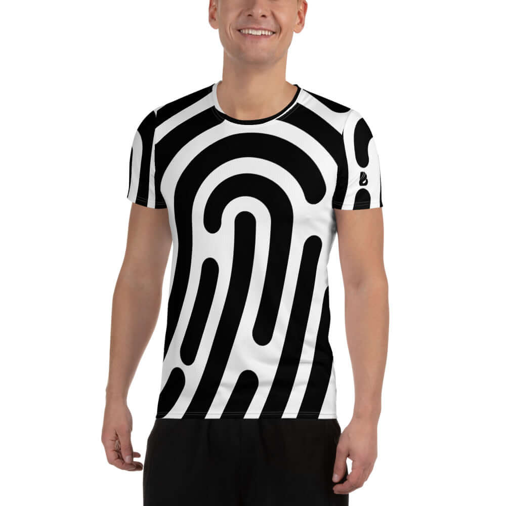 Allover-Sport-T-Shirt für Herren N°1 in schwarz-weißem Design, geeignet für Workouts mit Feuchtigkeitsregulierung und antimikrobiellen Eigenschaften