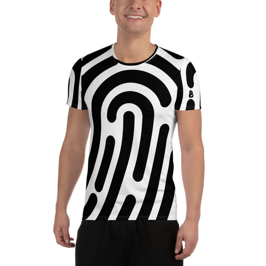 Allover-Sport-T-Shirt für Herren N°1 in schwarz-weißem Design, geeignet für Workouts mit Feuchtigkeitsregulierung und antimikrobiellen Eigenschaften
