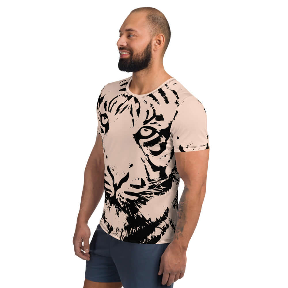 Model wearing Allover-Sport-T-Shirt für Herren N°0 with tiger print design, showcasing athletic fit.