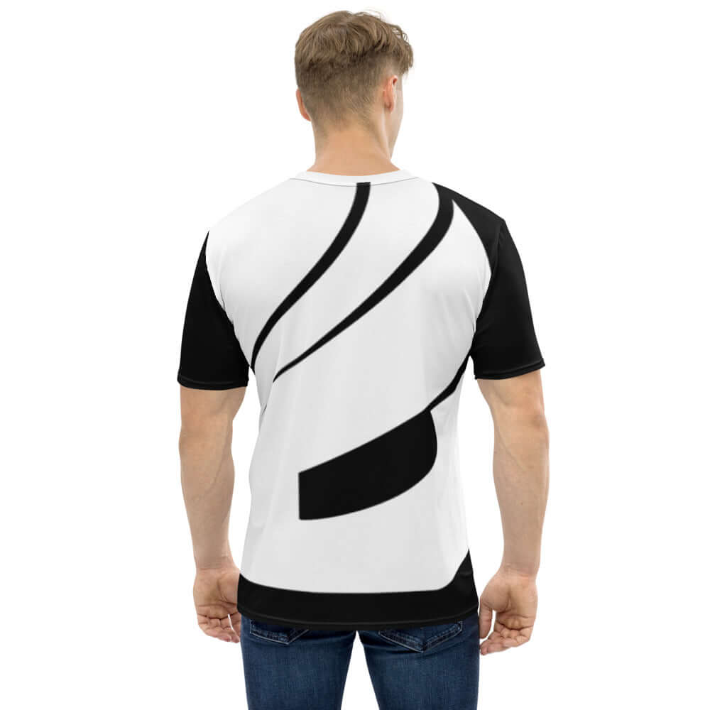 Rückansicht Herren-T-Shirt N°0, schwarz-weißes Design, glatt und bequem, aus Baumwoll-Polyester-Jersey.