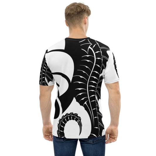 Herren-T-Shirt N°13 with black and white abstract design, rear view, showcasing premium knit jersey with four-way stretch for ultimate comfort.
