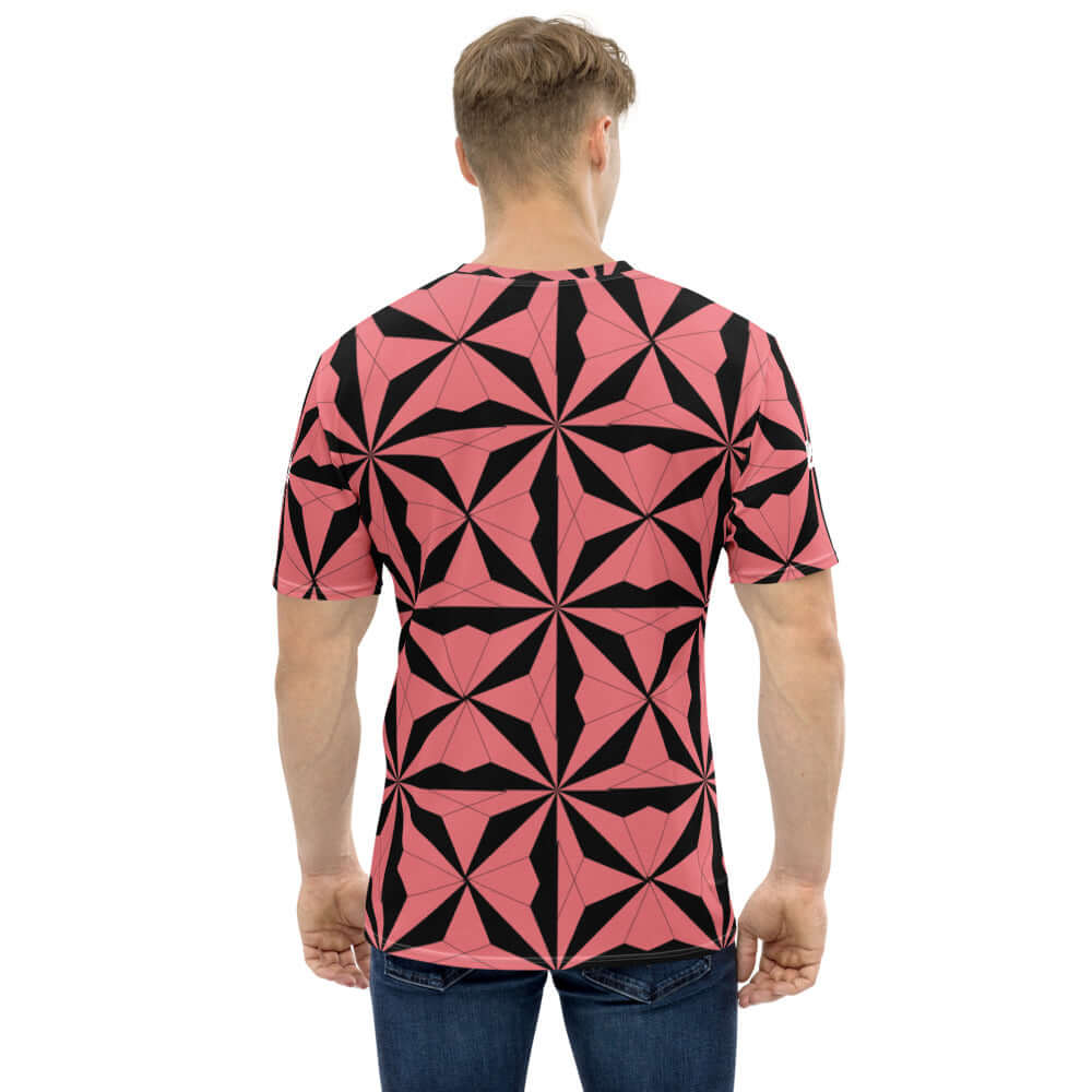 Herren-T-Shirt N°14 in pink with geometric design, made from a smooth, comfortable cotton-polyester blend fabric, viewed from the back.