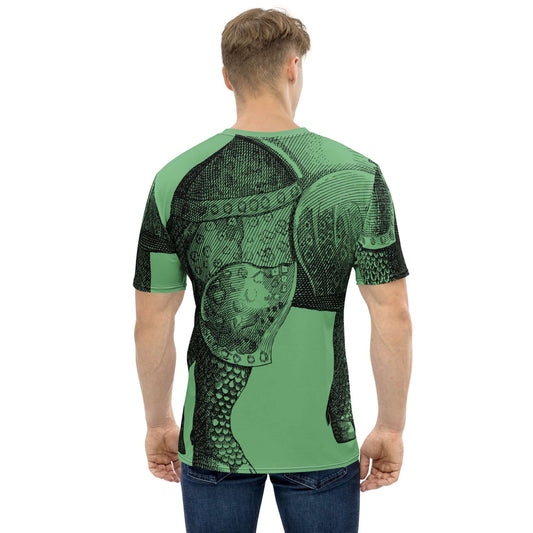 Herren-T-Shirt N°20 in Grün mit schwarzen Rüstungsgrafiken, rückwärtige Ansicht, bequem und langlebig.