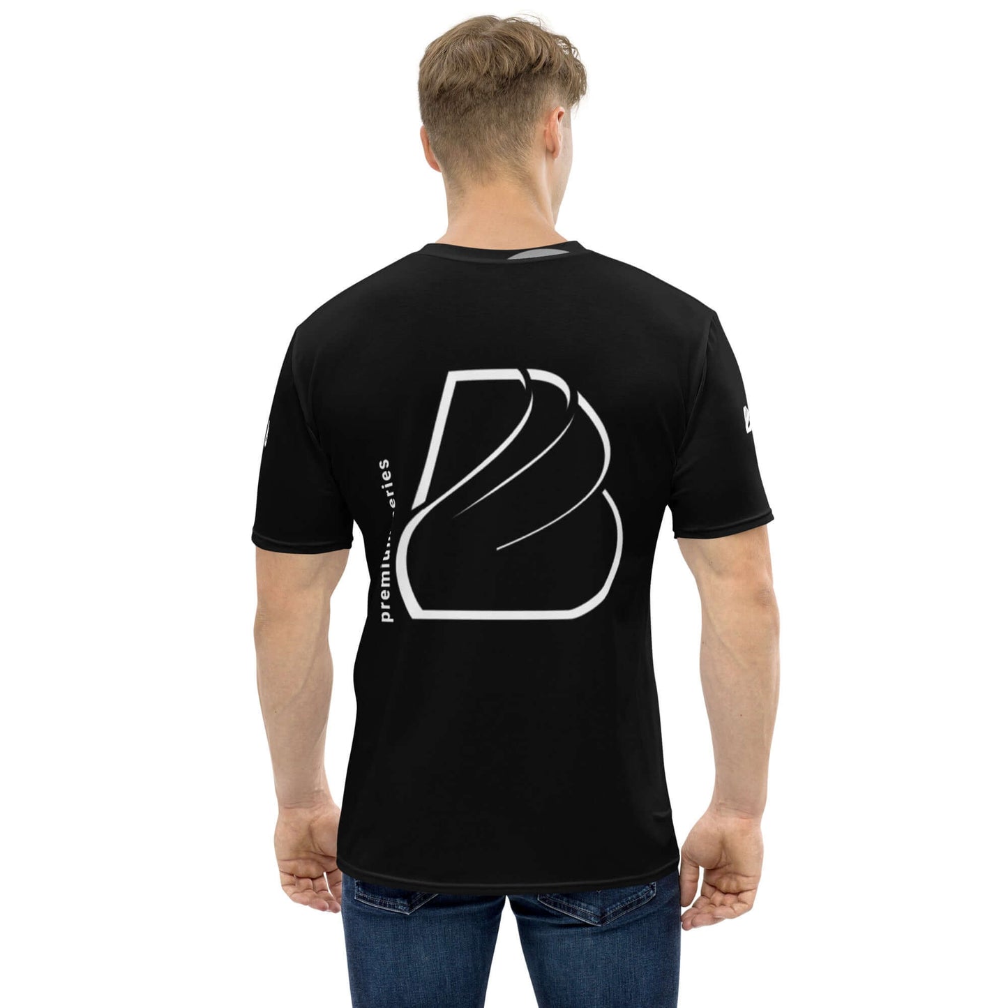 Man wearing black Herren-T-Shirt - premium series, featuring a stylish back design with white logo.