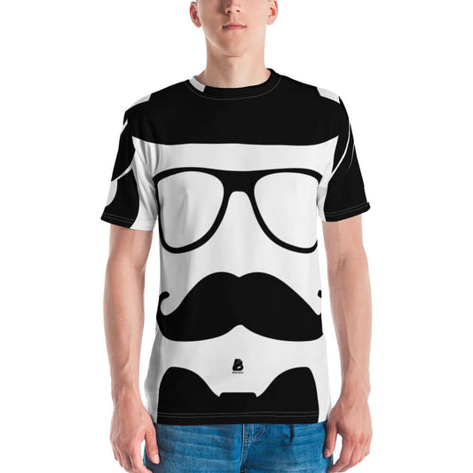 Herren-T-Shirt N°3 with unique graphic print, featuring mustache and glasses, made from smooth cotton-polyester jersey, perfect for casual wear.