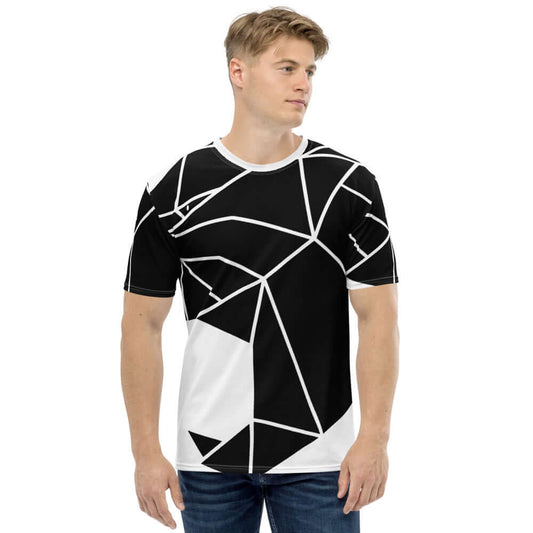 Herren-T-Shirt N°10 in black and white geometric design, featuring premium knit jersey with four-way stretch and regular fit.
