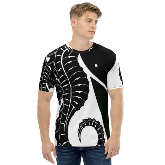 Man wearing Herren-T-Shirt N°13 with black and white abstract pattern, showcasing comfortable and stylish design.