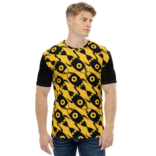 Herren-T-Shirt N°15 with unique design, comfortable fit, polyester-elastane jersey, worn by model, showcasing vibrant colors and premium stretch.