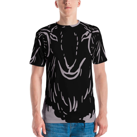 Man wearing Herren-T-Shirt N°19 with a stylish graphic design, showcasing premium knit jersey and four-way stretch fabric.