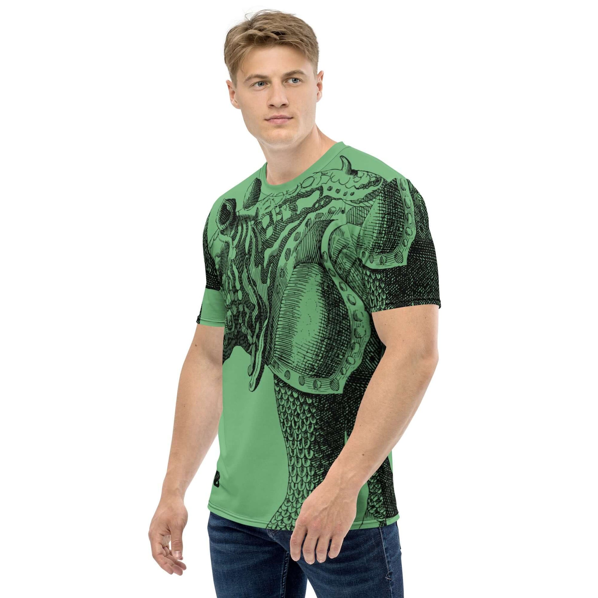 Herren-T-Shirt N°20 in green with octopus design, showcasing comfortable, non-fade polyester blend ideal for casual wear.
