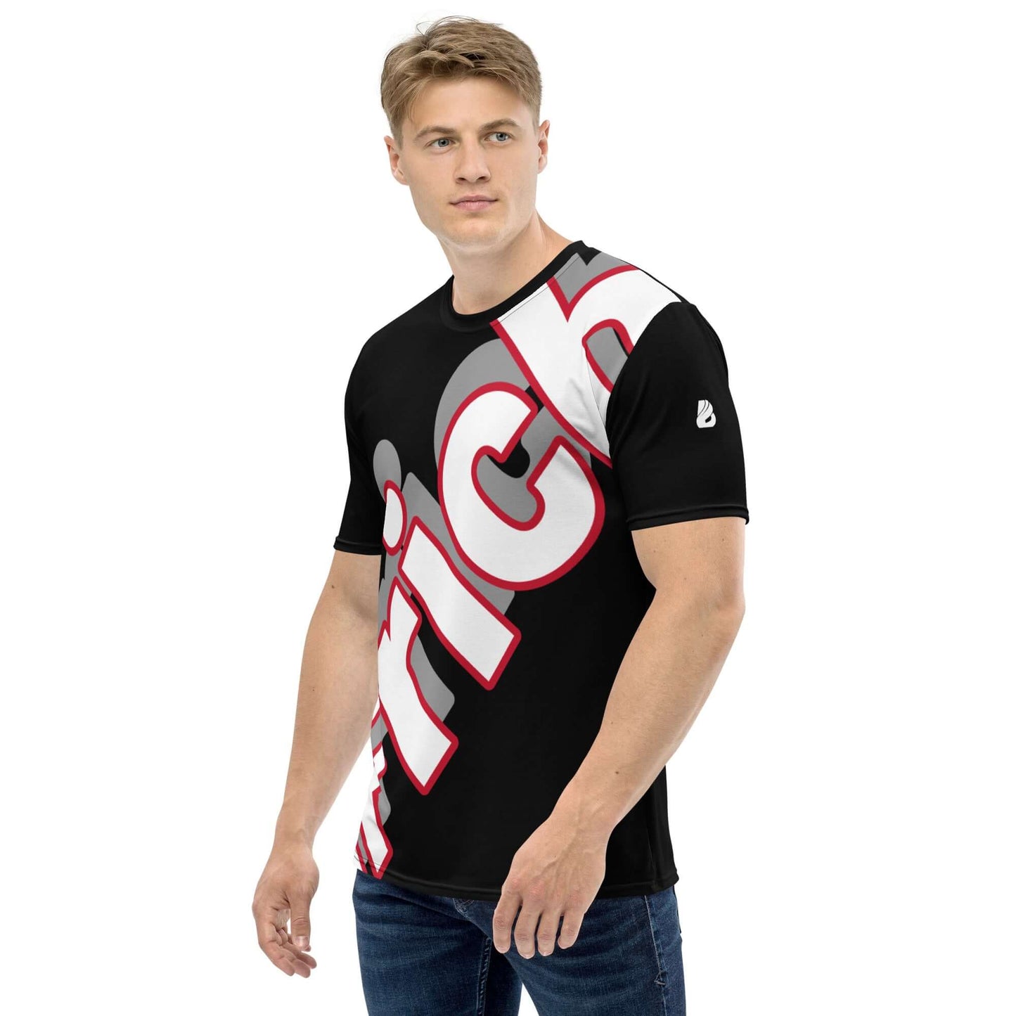 Man wearing Herren-T-Shirt - premium series, black with graphic design, showing comfortable fit and four-way stretch fabric quality.