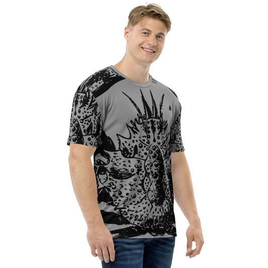 Man wearing Herren-T-Shirt N°8 with unique graphic design, showcasing premium knit fabric and four-way stretch for ultimate comfort.