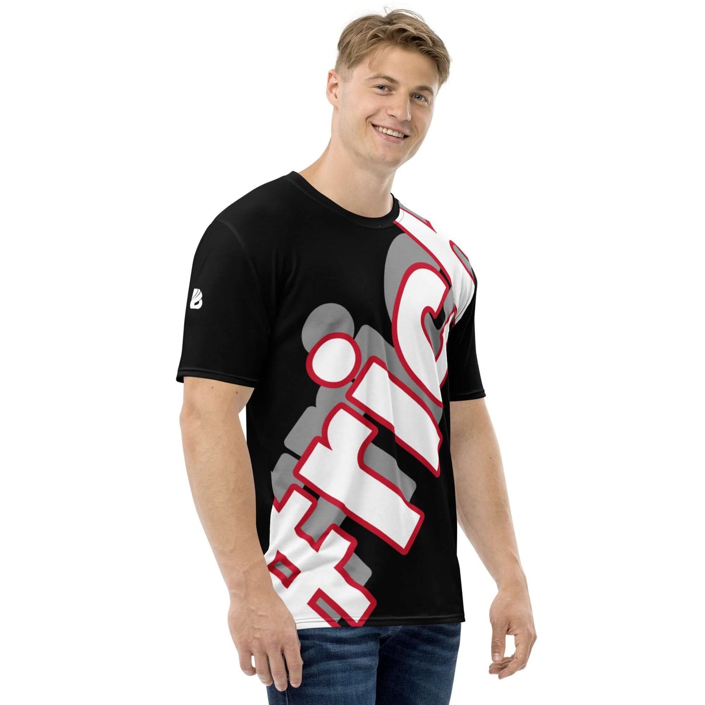 Man wearing Herren-T-Shirt - premium series, black with bold red and white graphic, four-way stretch, super smooth and comfortable.