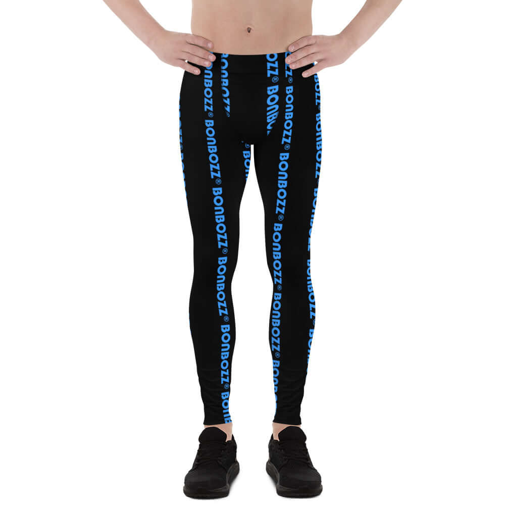 Herren-Leggings N°4 in schwarz mit blauem Streifenmuster, ideal für Sport und Freizeit mit 82% Polyester, 18% Elastan.