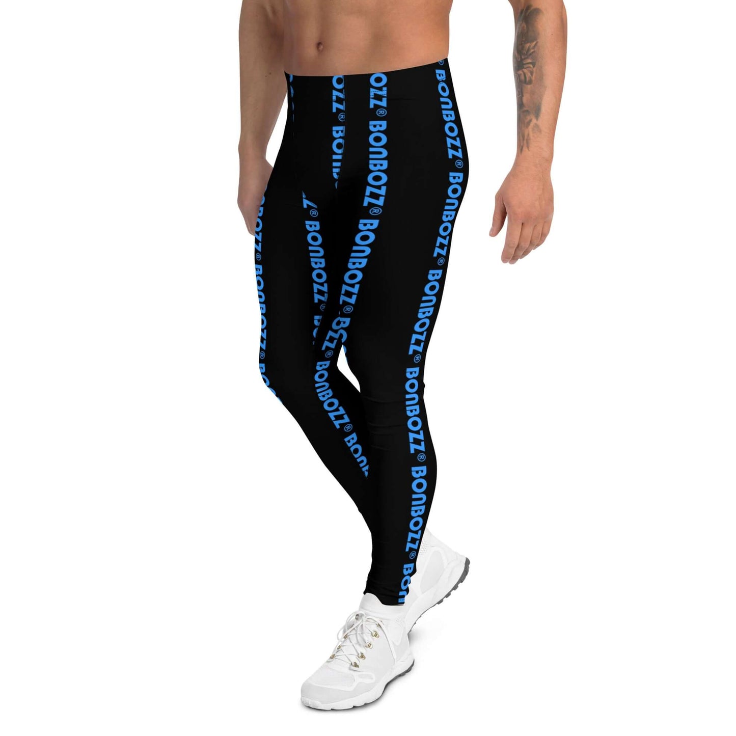 Herren-Leggings N°4 in Schwarz mit blauem Schriftzug, super weiches Stretchmaterial, ideal für Sport und Freizeitaktivitäten.