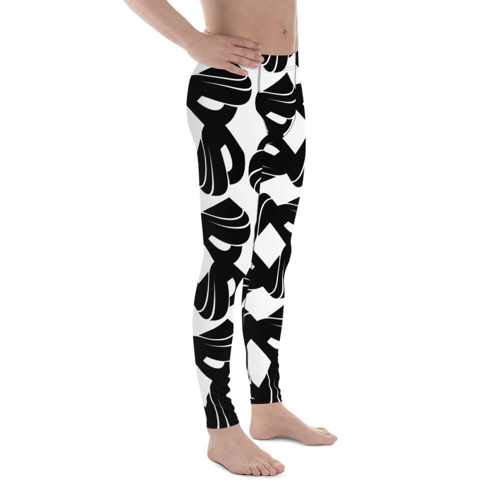 Side view of Herren-Leggings N°5 featuring black and white abstract design, perfect for exercise and comfort with four-way stretch fabric.