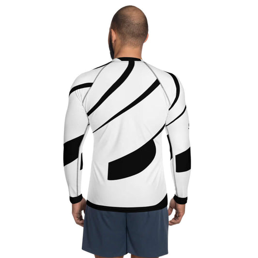 Back view of Herren-Rash-Guard N°0 with abstract black and white design, long sleeves, and ergonomic seams, ideal for outdoor sports.