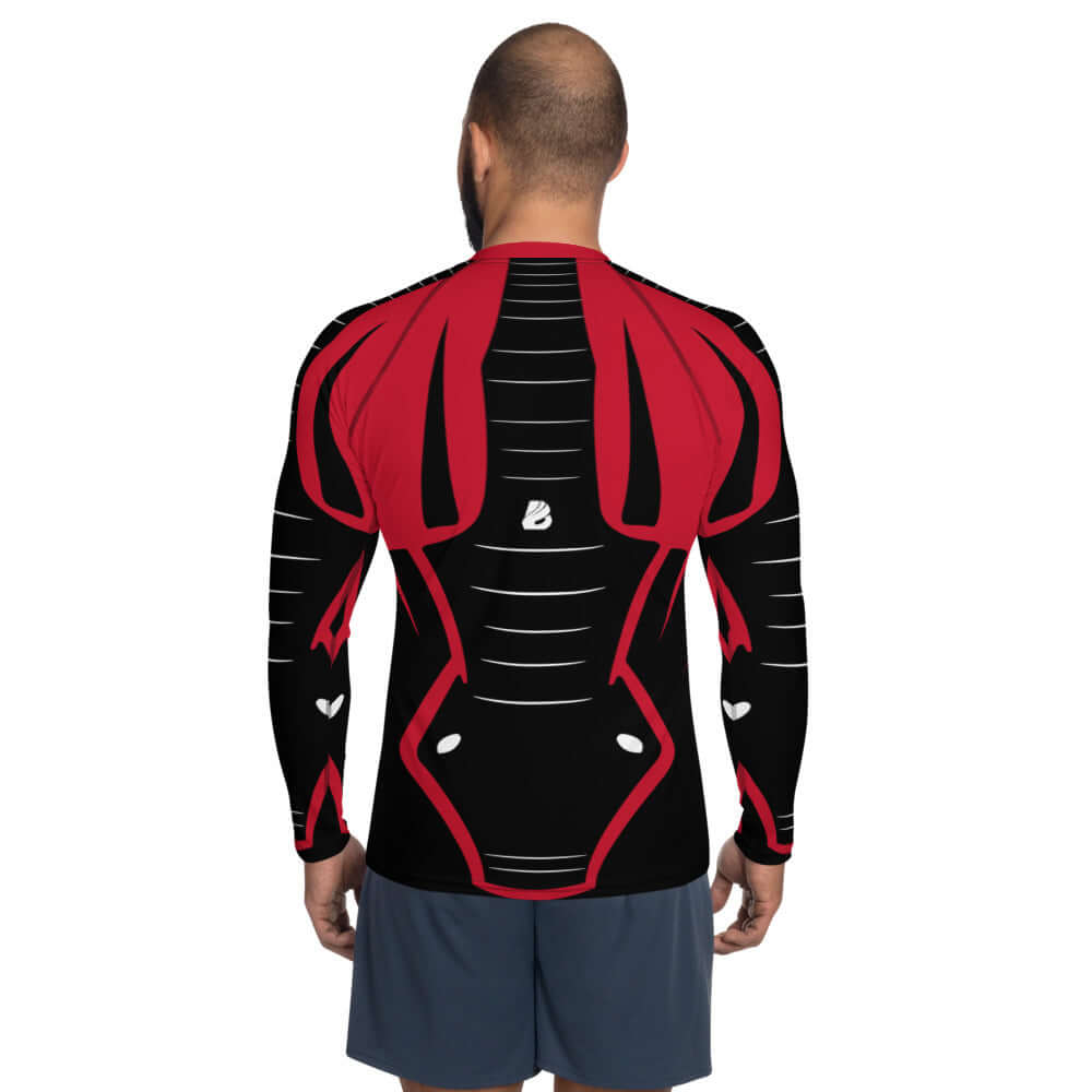 Herren-Rash-Guard N°9, long-sleeve rash guard, back view, red and black design, perfect for sun protection during sports activities.