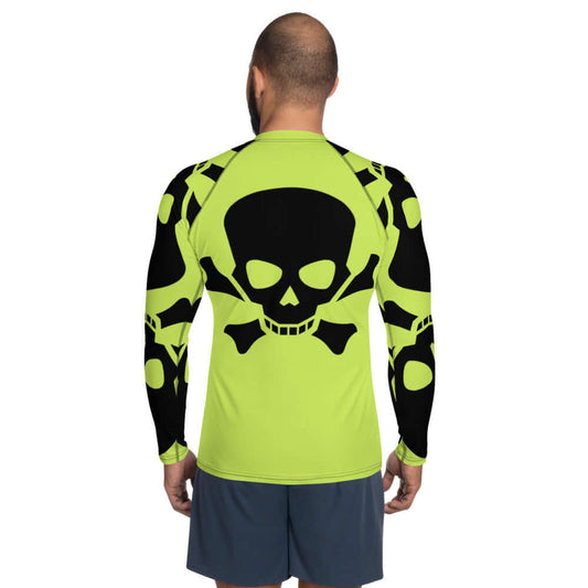 Herren-Rash-Guard N°14 in neon green with skull design, long sleeves, ergonomic seams, perfect for sport protection.